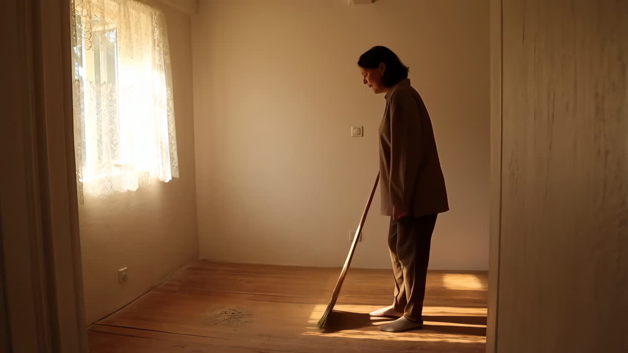 Woman Sweeping Dust from a Wooden Floor with Sunlight