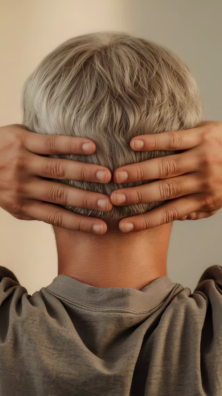 Vertical video: Placing hands causing blond person shifting fingers on nape at tan wall grey tee