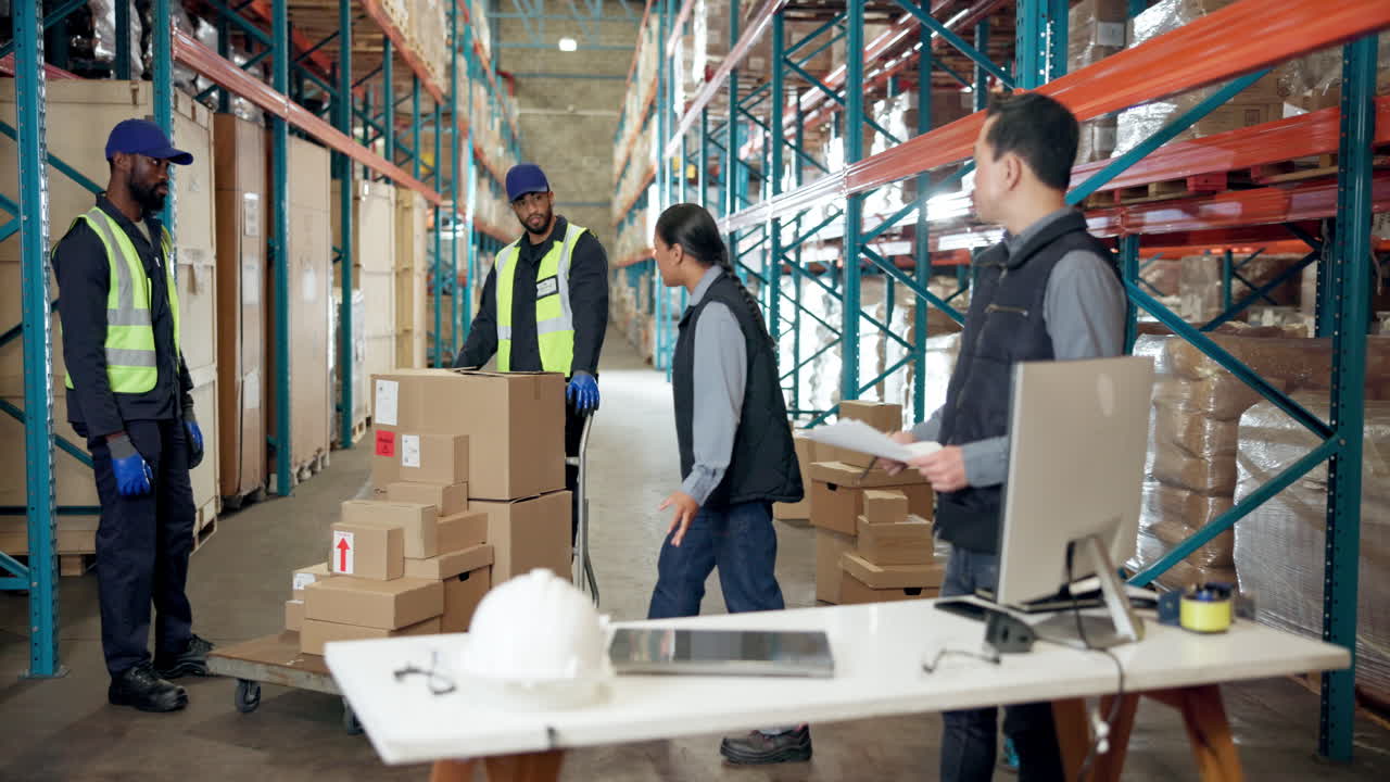 Trabajadores de almacén manipulando cajas e inventario