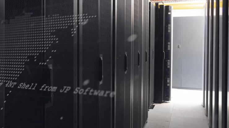 Animation of data processing over world map against computer server room