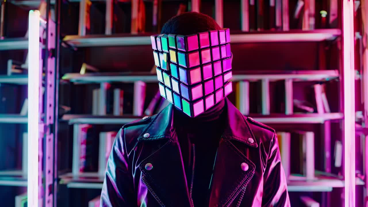 Cyberpunk performer wearing glowing cubic mask, playing electronic music in dimly lit club with neon highlights and library shelves, generating futuristic audiovisual atmosphere