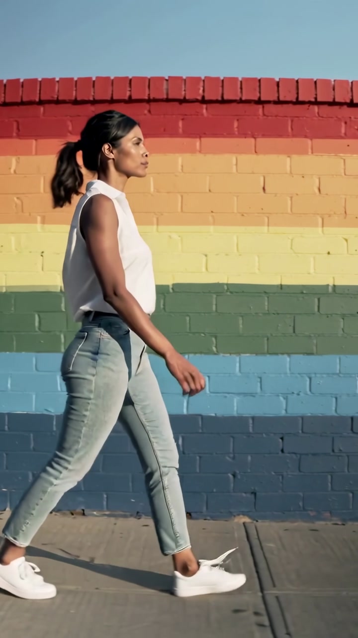 Vertical video: Walking woman in top, jeans entering left on sidewalk by rainbow wall, copy space