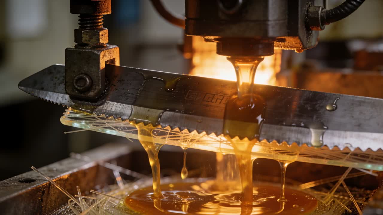 Droppande uppvärmt munstycke belägger ett tandat metallblad vid en verkstadsbänk, bildar bärnstensfärgade droppar.
