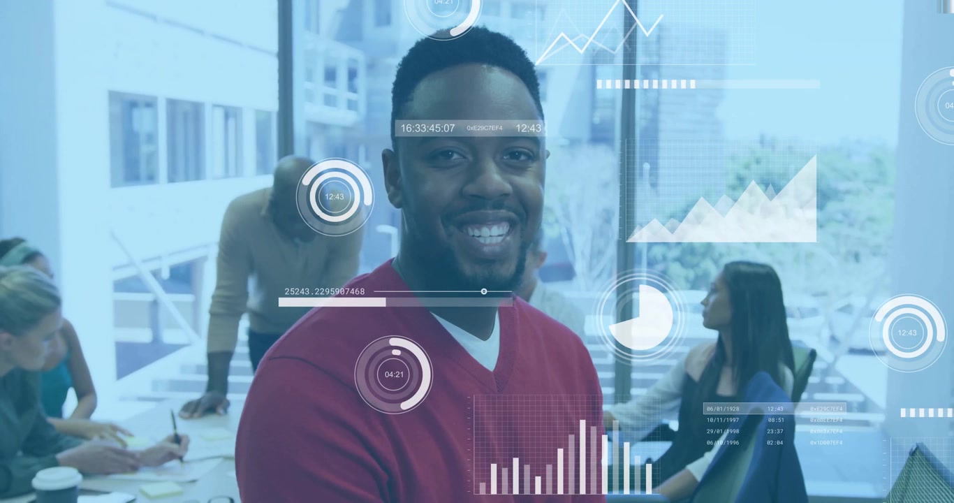 Young Professional Man Smiling in Modern Office with Digital Data Overlays