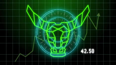 bull head with glowing green lines and 42,50 text, stock market animation