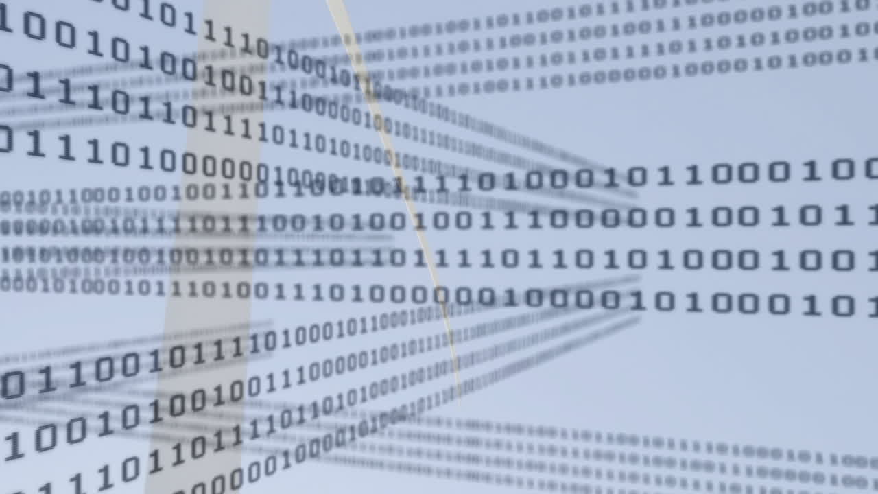 Binary digits streaming across sky background, blending wind turbine silhouette within digital grid