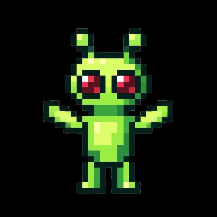 Personaggio alieno verde in pixel art animata che saluta