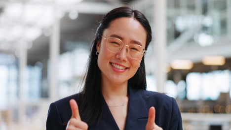 Thumbs-up,-walking-and-face-of-company-woman