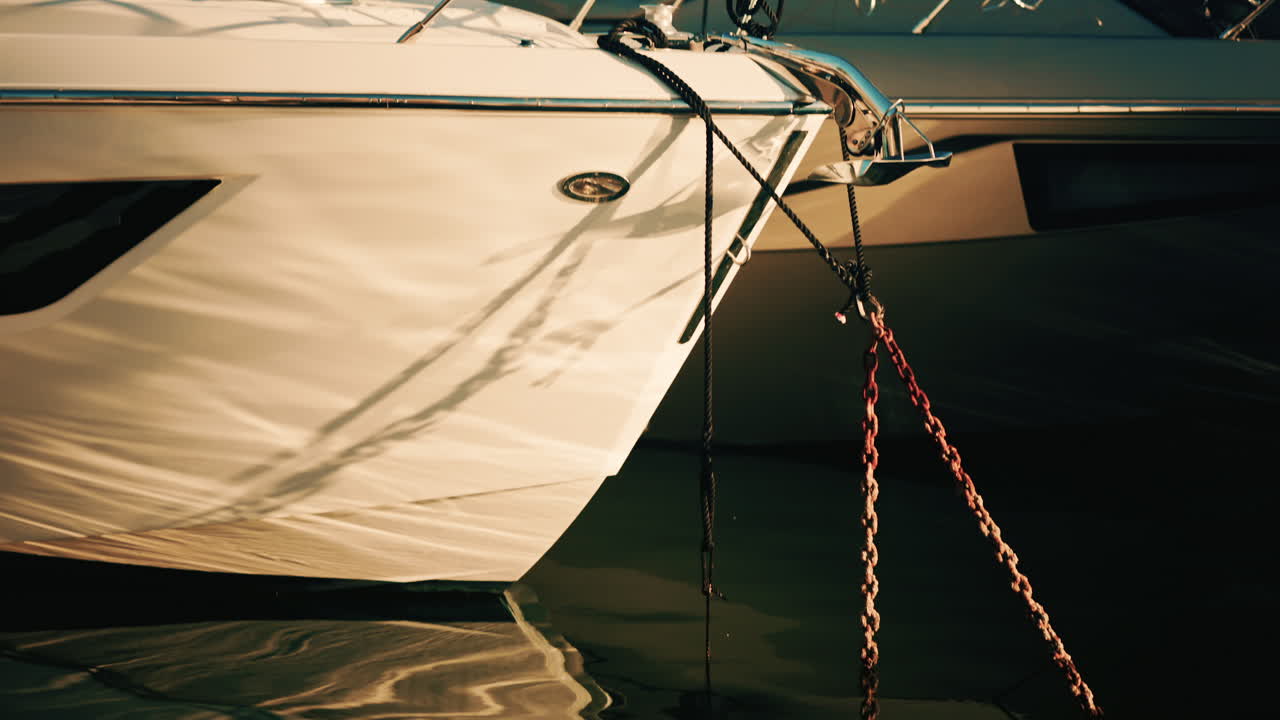Nahaufnahme vom Bug einer Luxusyacht, auf der Festmacherleinen und Metallbeschläge zu sehen sind