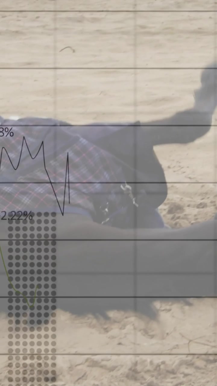 Animação de gráfico de dados financeiros sobre pessoa deitada em solo arenoso