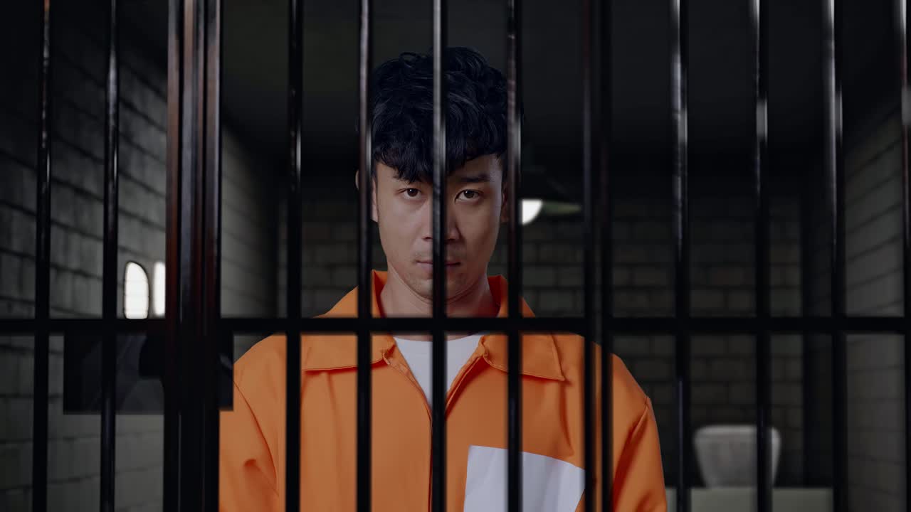 primer plano de un prisionero masculino asiático de pie en la cárcel, levantando la cabeza y mirando a la cámara enojado