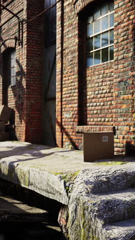 a brick building with a cardboard box on the side walk