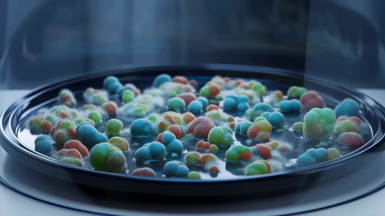 Vista ravvicinata leggermente decentrata di colonie arrotondate multicolori e ammassi di muffa sfocati su una capsula di Petri nera poco profonda, che mostra una superficie bagnata, accumulo di liquido e una trasformazione biologica attiva