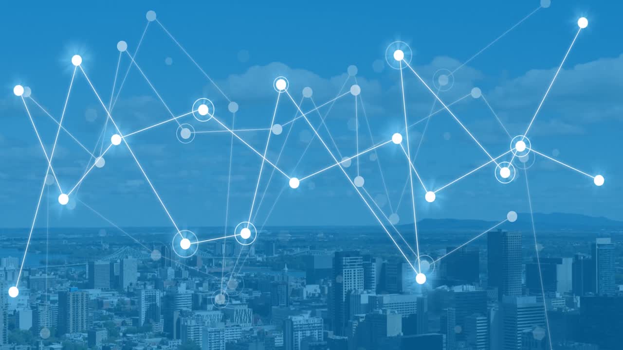 animación de la red de conexiones sobre el paisaje urbano