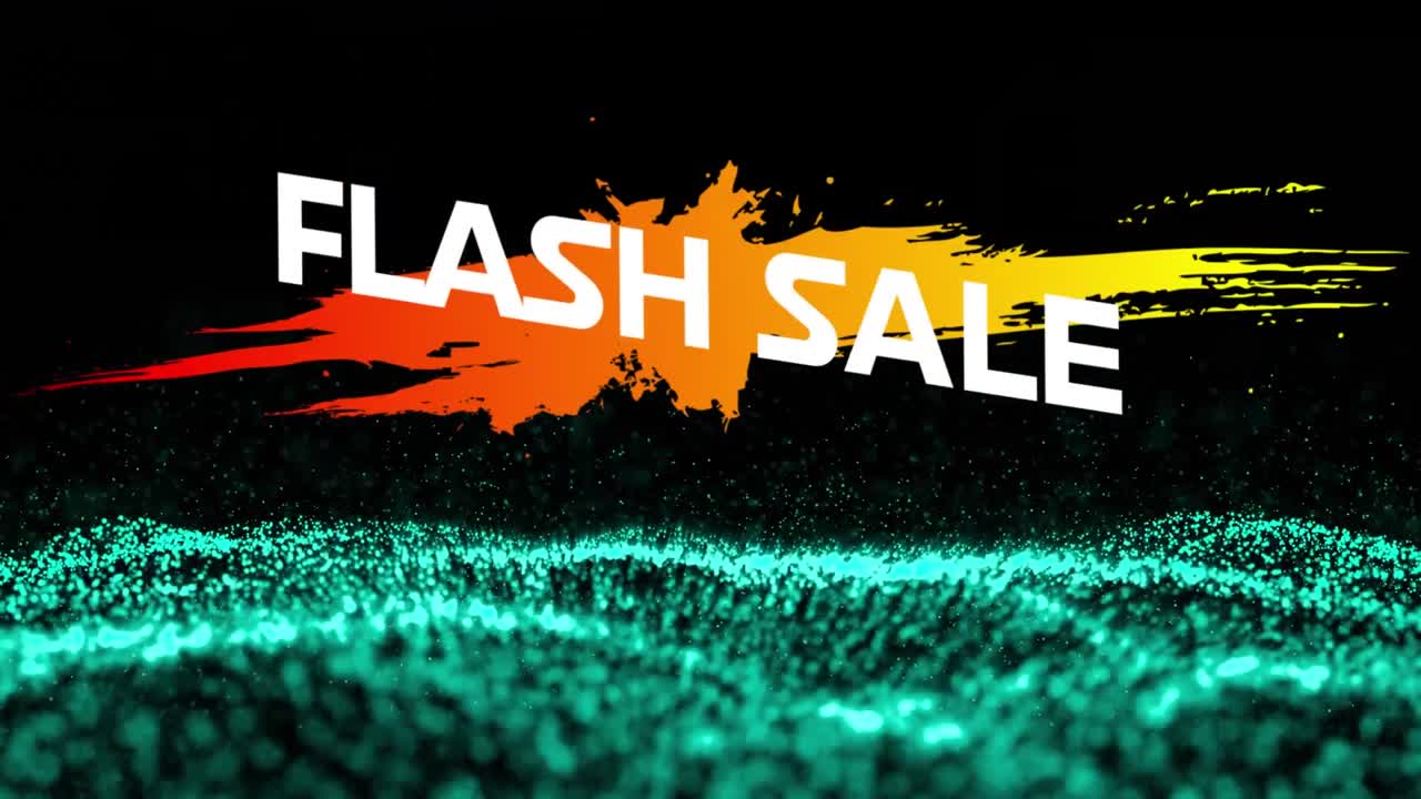 오렌지색 색상 스플래시 위에 플래시 판매 텍스트의 애니메이션, 검은색 배경 위에 파도를 형성하는 점