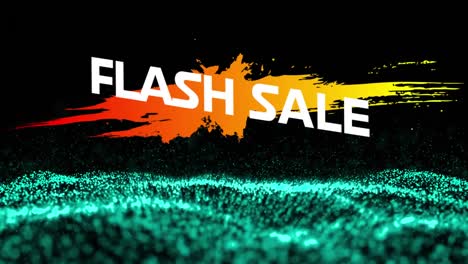 animation of flash sale text over orange color splash, dots forming waves over black background