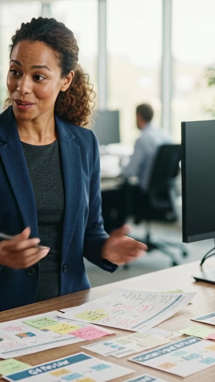 Video verticale: Inizio riunione, donna in blazer che indica i piani da revisionare sulla scrivania, spazio per il testo