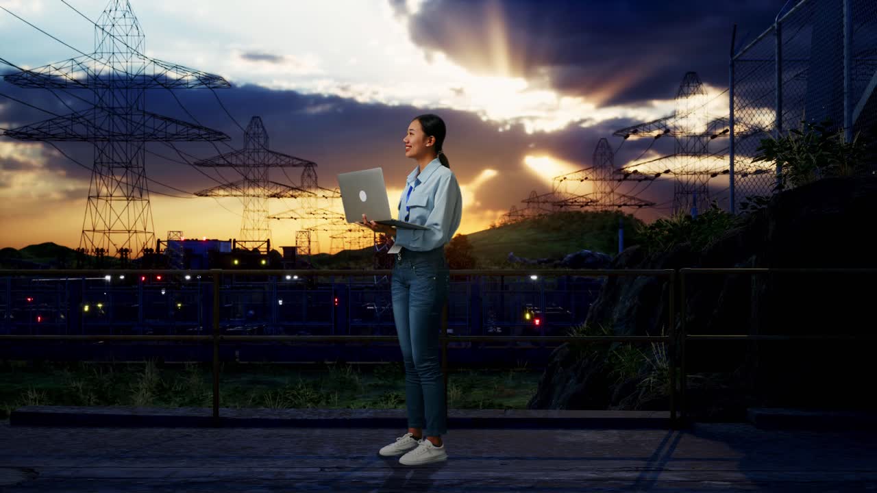 Full Body Side View Of An Asian Female Worker Standing Near High Voltage Tower, Industrial Facility, Observes By Looking Up Before She Come To Concentrating On The Laptop And Keep On Typing