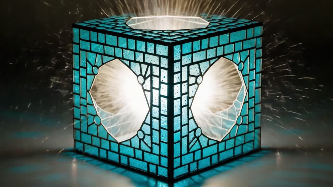 Illuminated Artistic Cube with Sparkling Light Effects Captured in Two Frames, Showcasing Intricate Design and Dynamic Energy