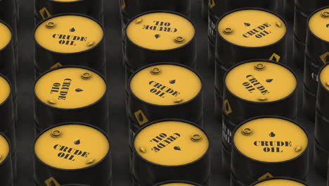 Crude-oil-barrels-stored-in-a-warehouse-and-camera-spinning-around---3D-Animation-Render-Crude-oil-supply-and-demand,-Rising-oil-prices,-Commodity-market-trading-concept-video