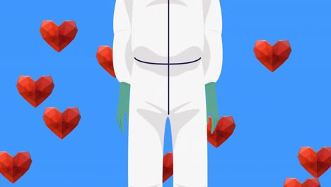 animación de iconos de corazón sobre un médico que lleva una máscara facial