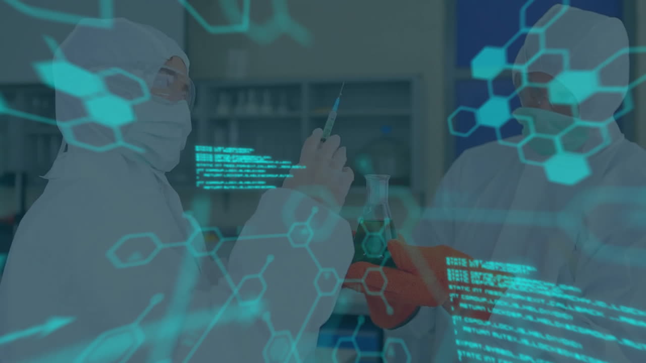 científicos en abrigos de laboratorio trabajando con tubos de ensayo sobre la animación de la estructura molecular