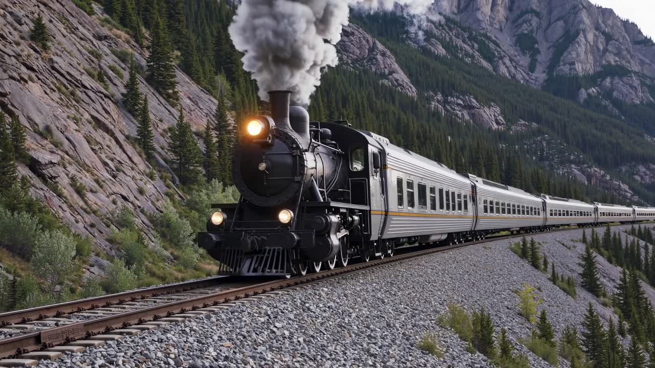 Un treno a vapore d'epoca attraversa un paesaggio montuoso