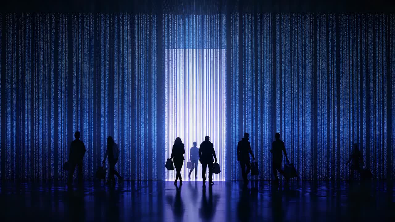 Walking central silhouette carrying bag approaching glowing vertical portal in hall, drawn by light
