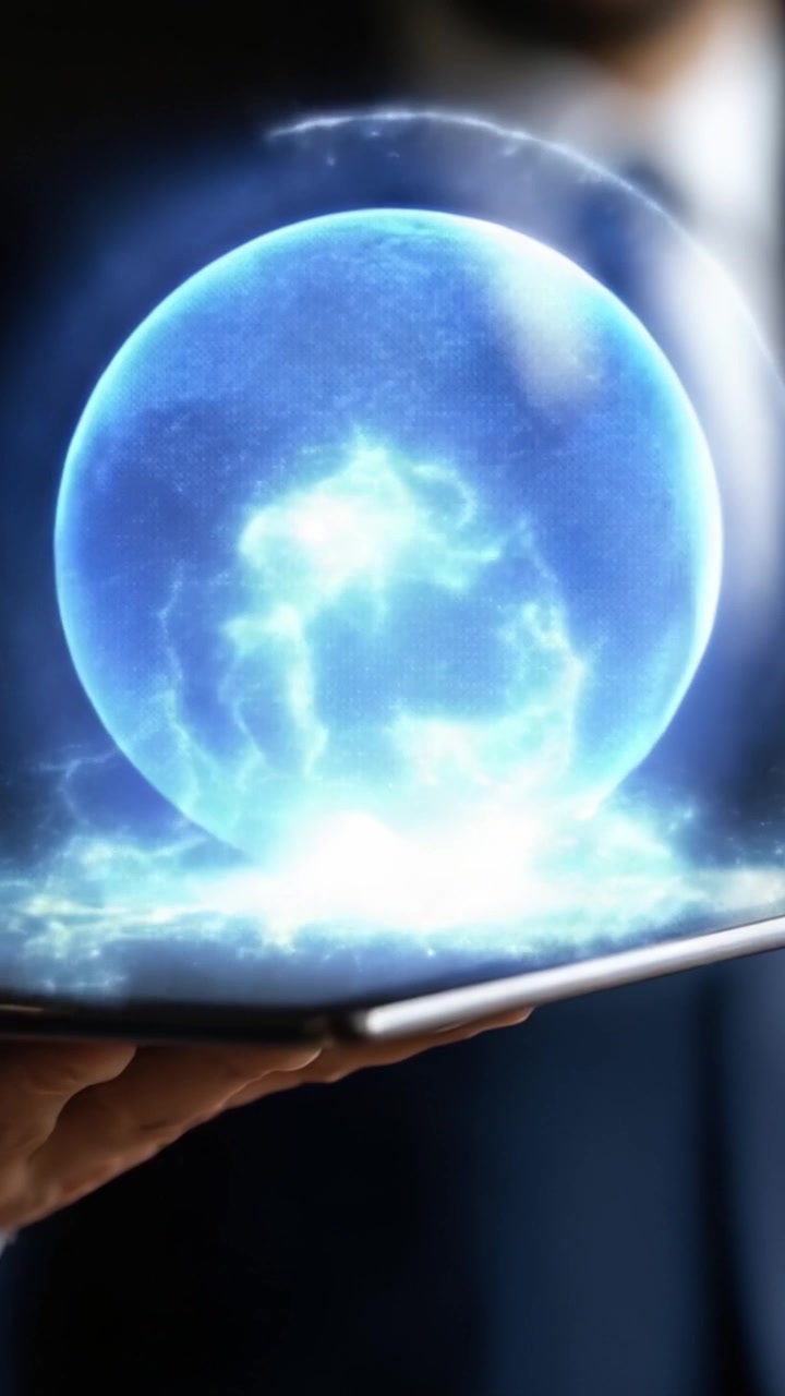 Um Visível no Cosmos Digital: Uma Mão Misteriosa Manipula uma Projeção Etérea de um Tablet, Revelando Imagens Astrais Deslumbrantes e Maravilhas Galácticas.