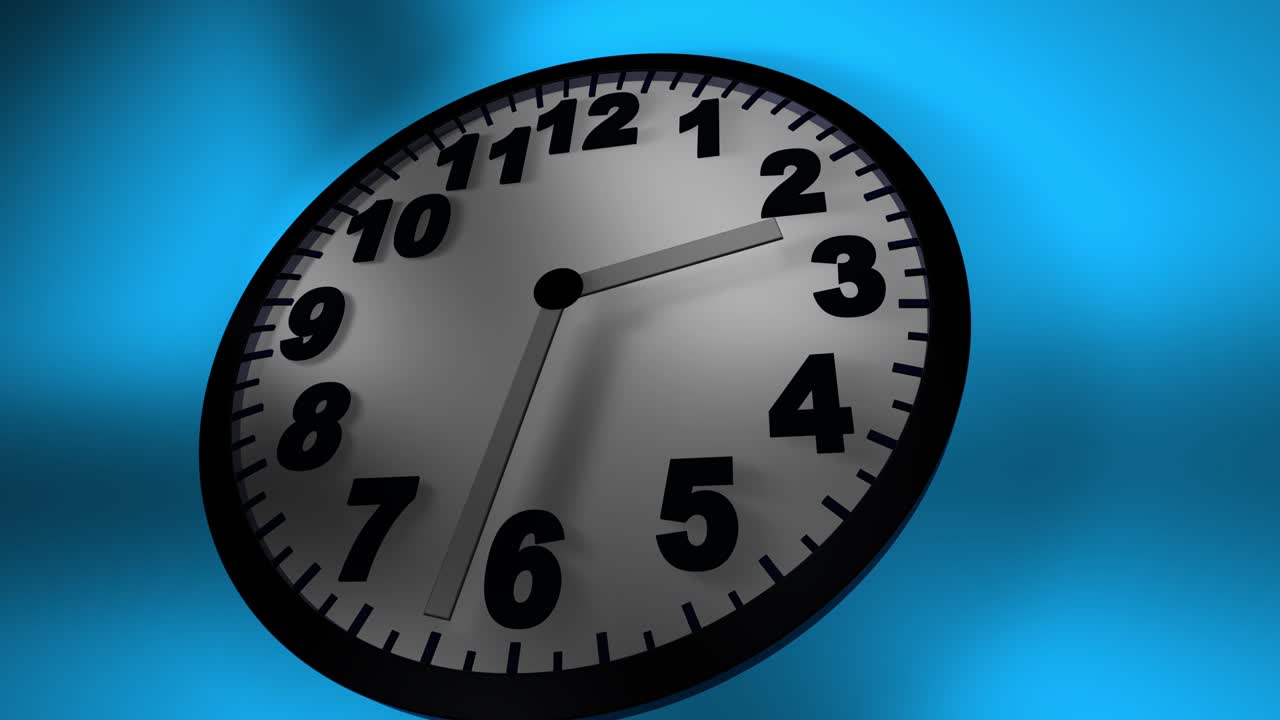 Time lapse animato in 3D di un orologio da parete con cornice posteriore. Riflessi di luce e ombre sul quadrante dell'orologio.