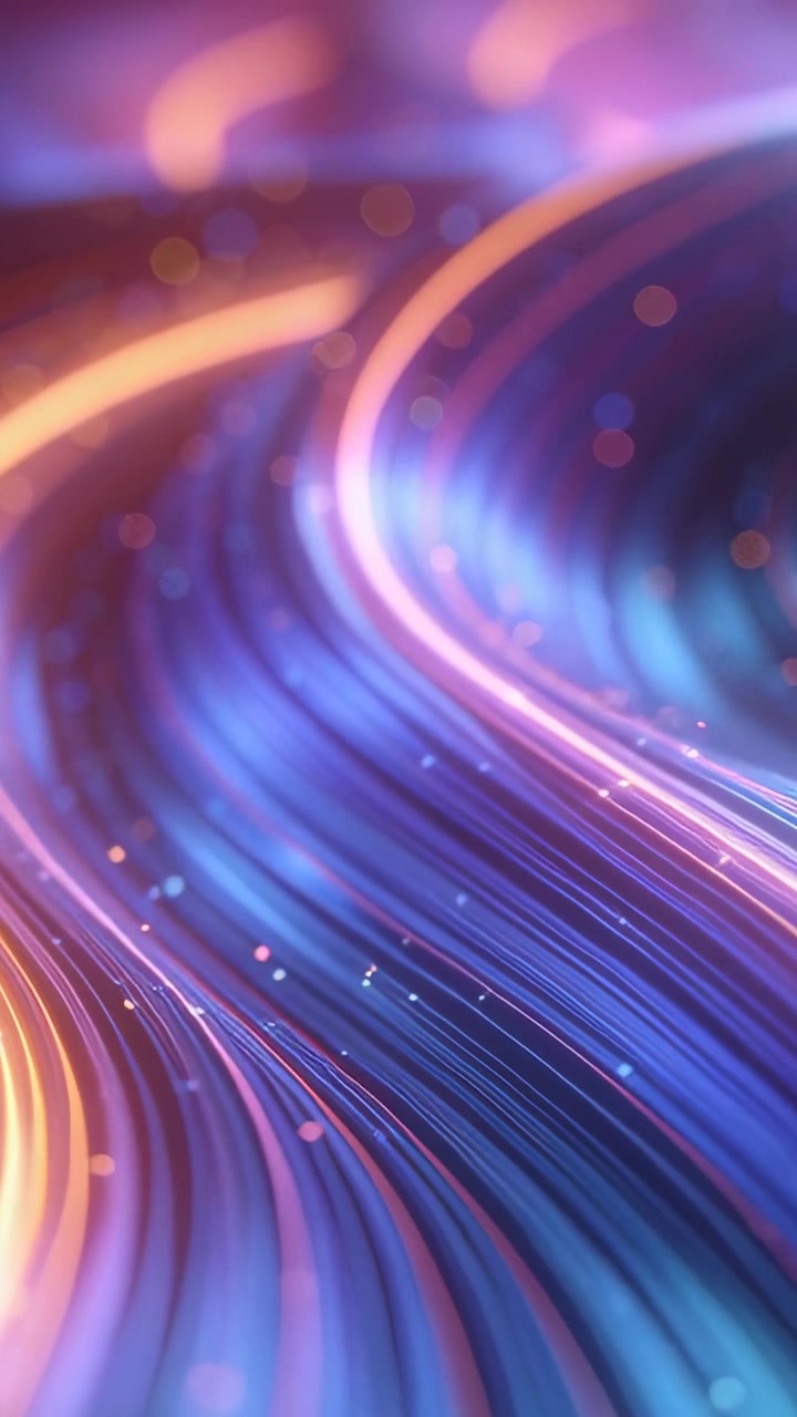 Kamera se pohybuje vpřed podél lesklých stuh, odhaluje oranžový pruh a unášející se částice, vhodné pro technologické záběry.