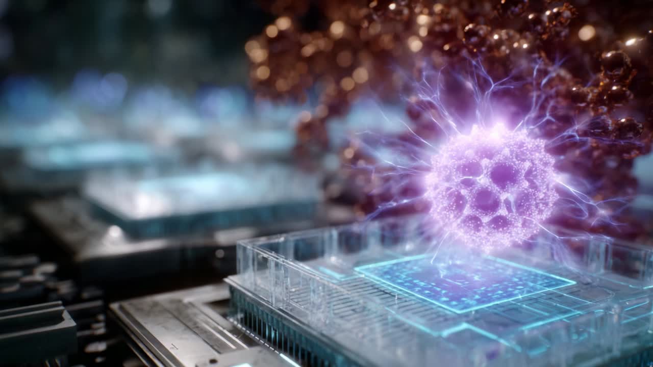 An intricate visualization of a swirling quantum particle interacting with advanced computational circuits, showcasing the fusion of technology and quantum mechanics in a mesmerizing display of light and energy