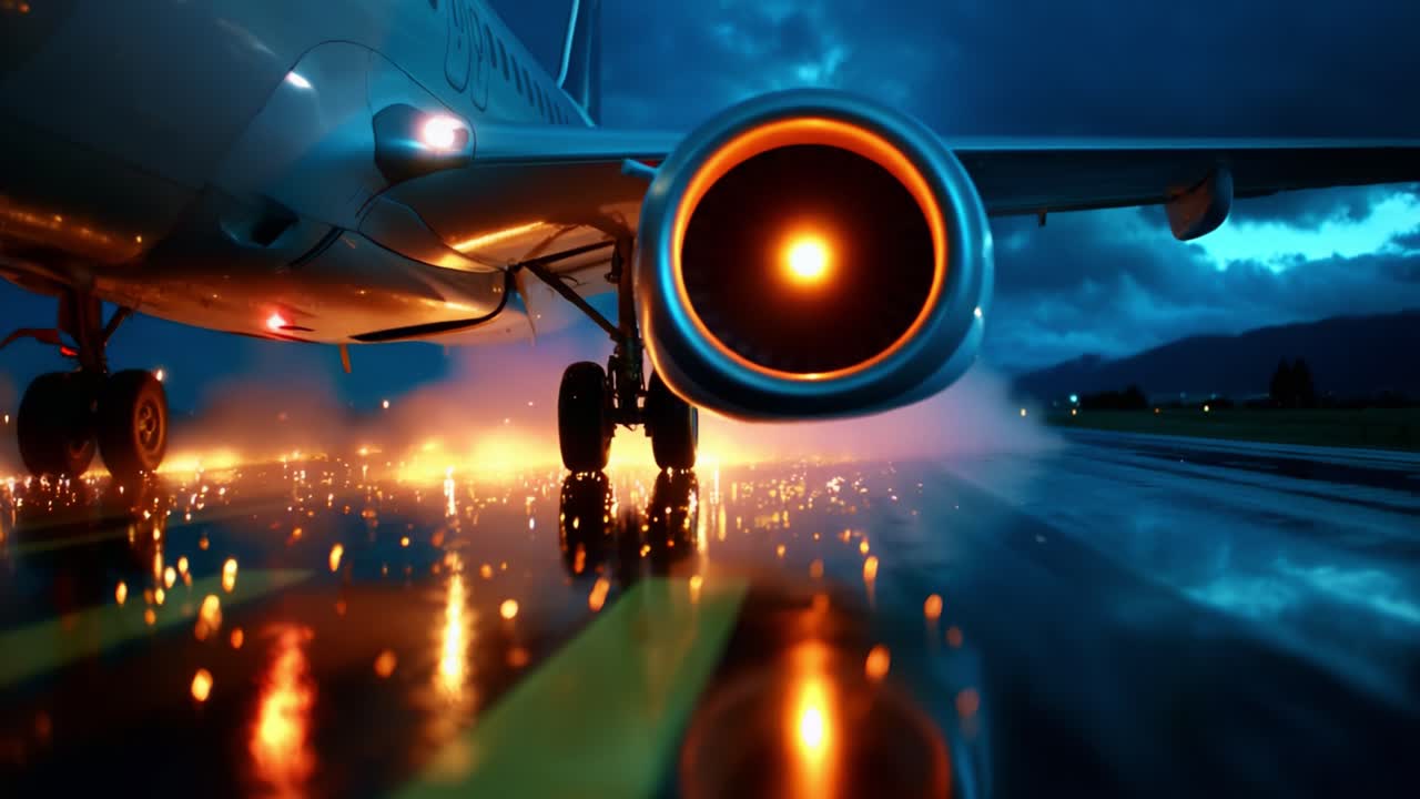 An aircraft's powerful engine roars as it prepares for takeoff amidst dramatic weather conditions, with sparks and reflections illuminating the runway, encapsulating the essence of aviation and adventure