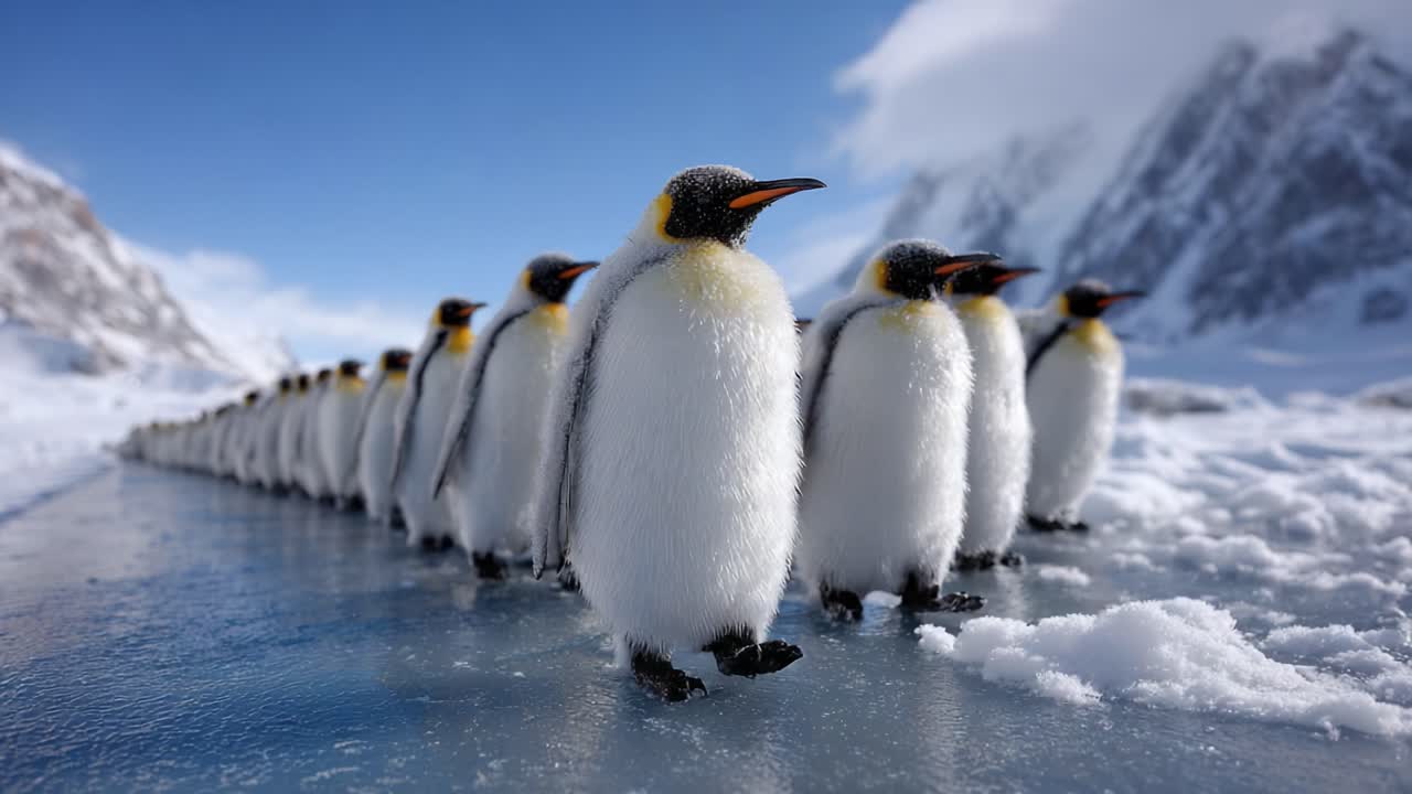 A Line of Majestic Emperor Penguins Marching Across the Icy Terrain of Antarctica, Showcasing Their Unique Feather Patterns Under a Clear Blue Sky