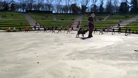 a big group of people exercising together during a zumba class in a public park