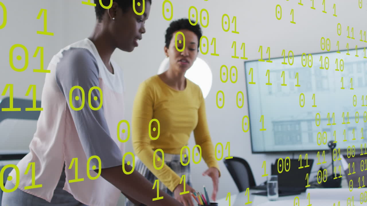 Animation of data processing over african american business people