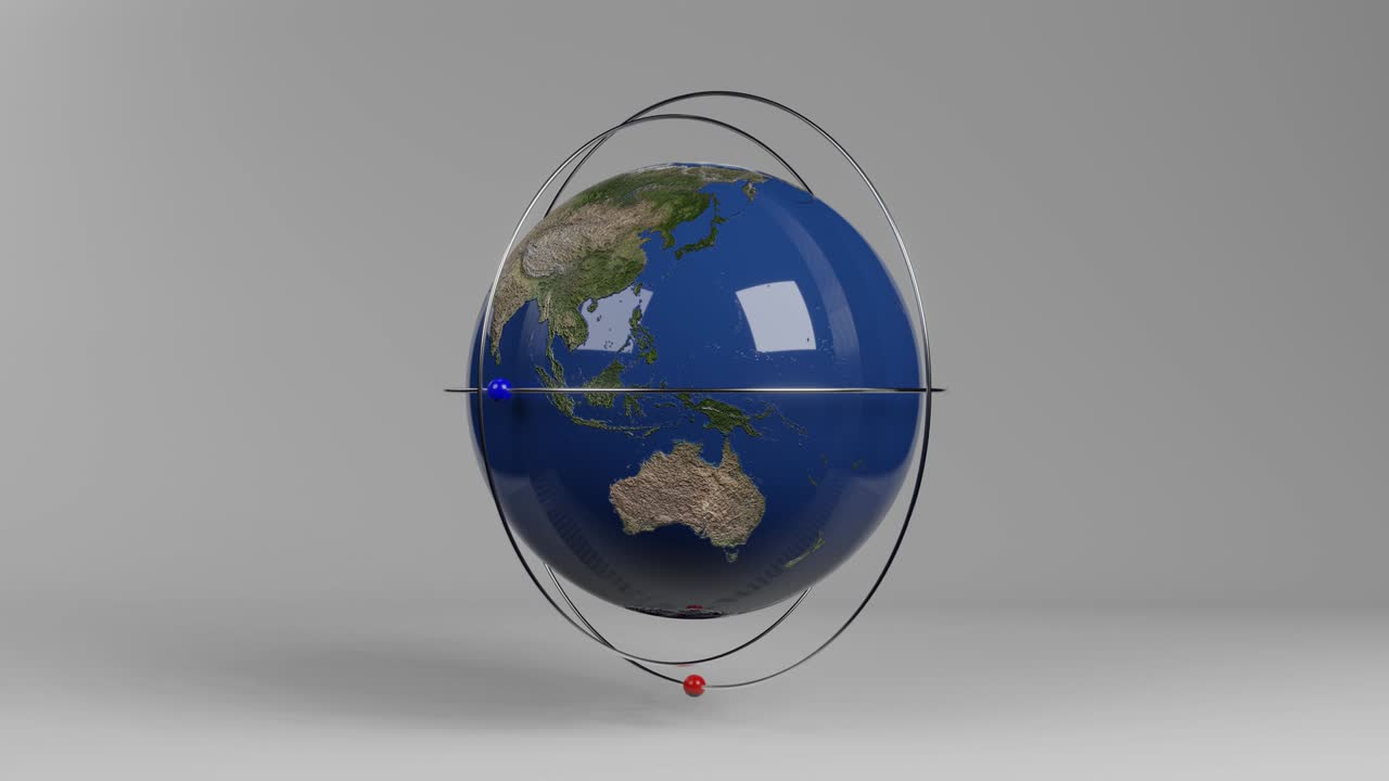 modelo 3d del planeta tierra con satélites en un anillo metálico sobre un fondo blanco.