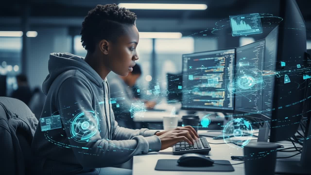 A focused individual working diligently on computer programming in a modern workspace, surrounded by digital projections representing data analysis and technology innovation