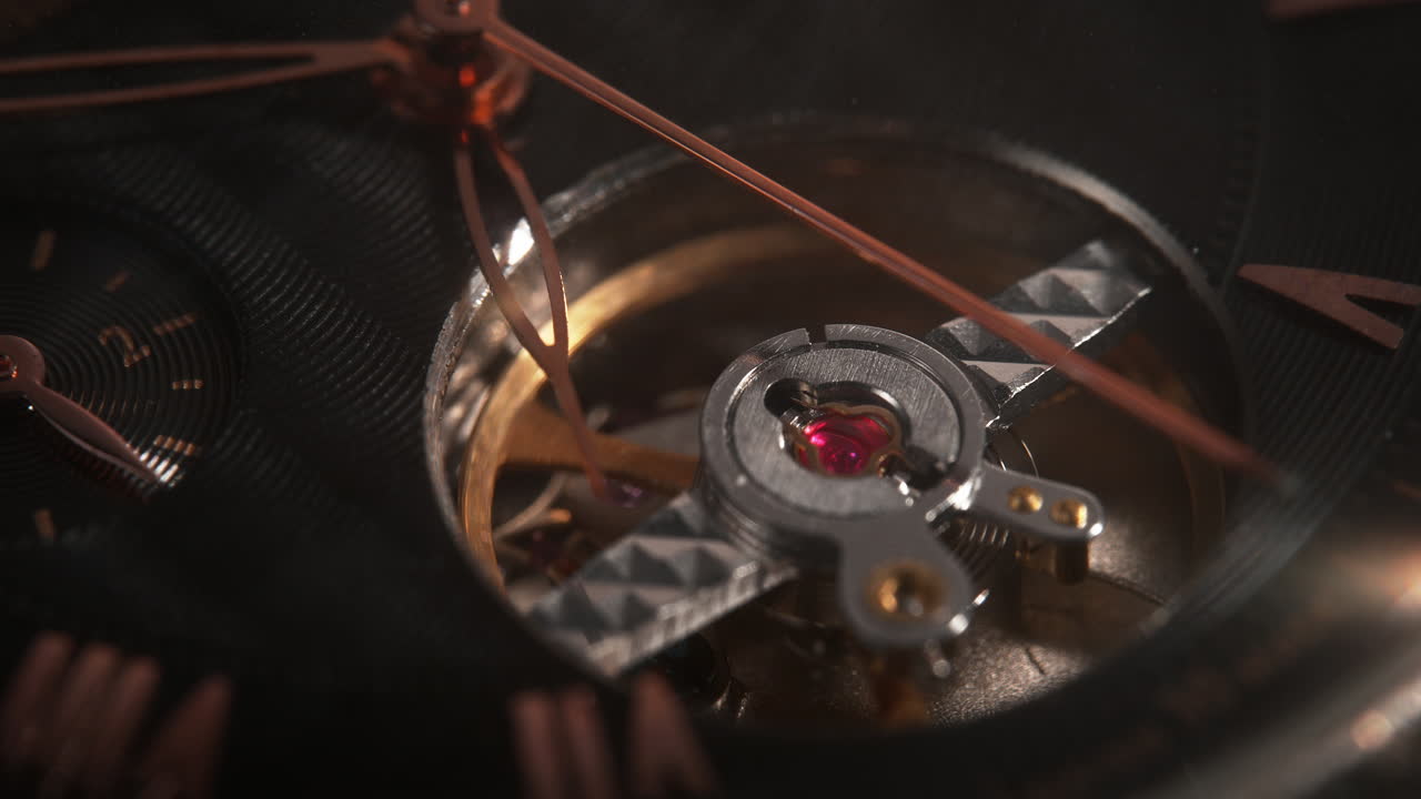 Wristwatch Mechanism in Macro - Copper Second Hand And Silver Parts Of The Working Watch