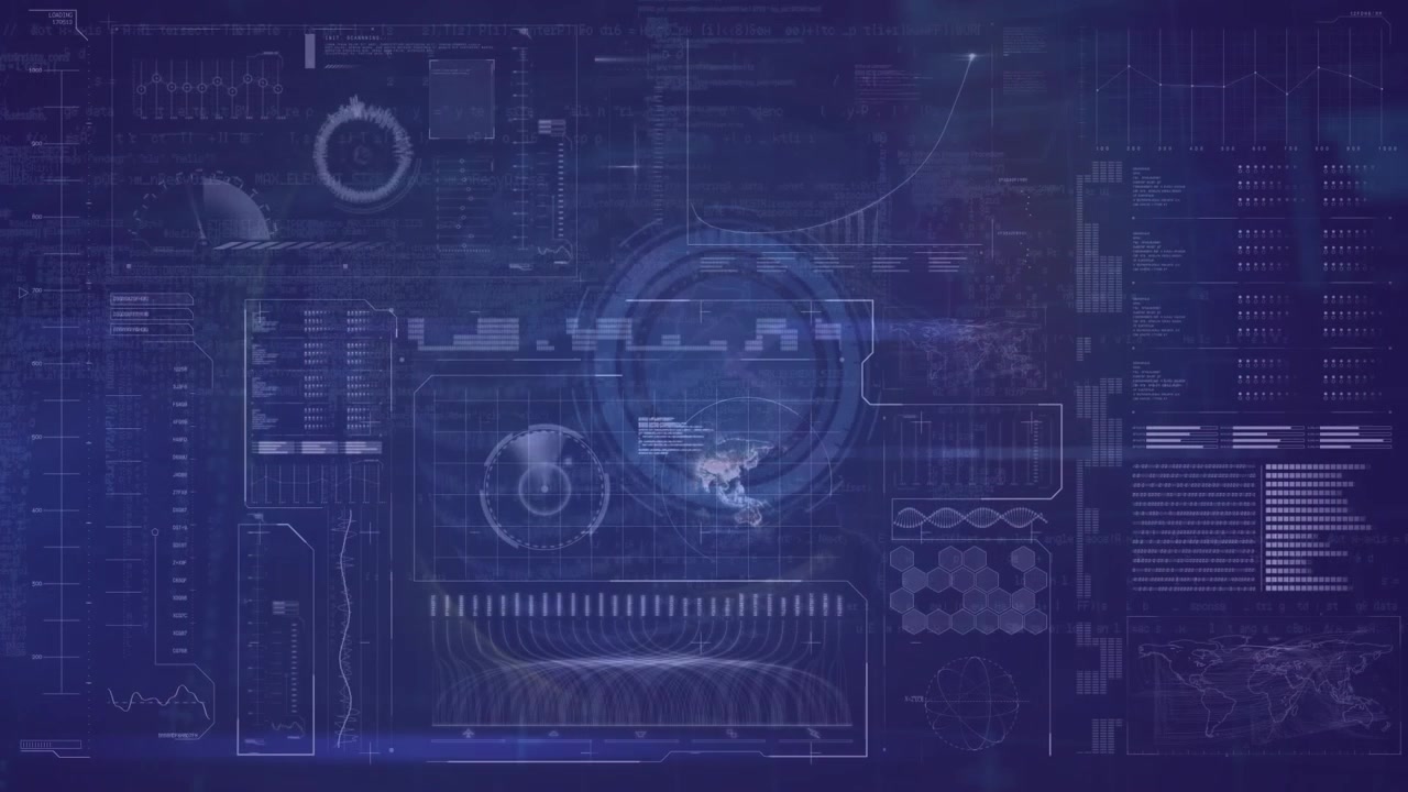 Animation of interface with data processing over spinning globe and ticking clock on blue background