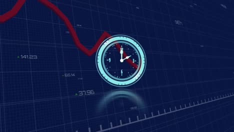 animation of data processing over clock moving on blue background