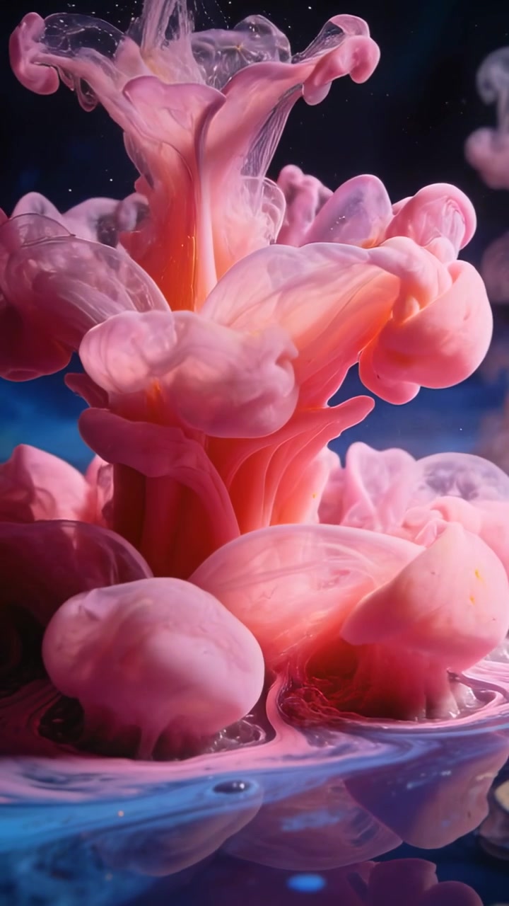 Video verticale: Iniezione di pigmento rosa-arancio che forma un pennacchio all'interno di un serbatoio, diffondendosi nell'acqua
