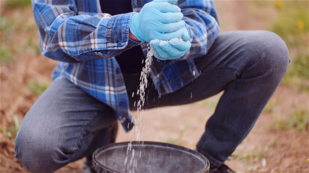 agricultor examinando fertilizantes herbicidas en las manos antes de fertilizar el campo agrícola 7