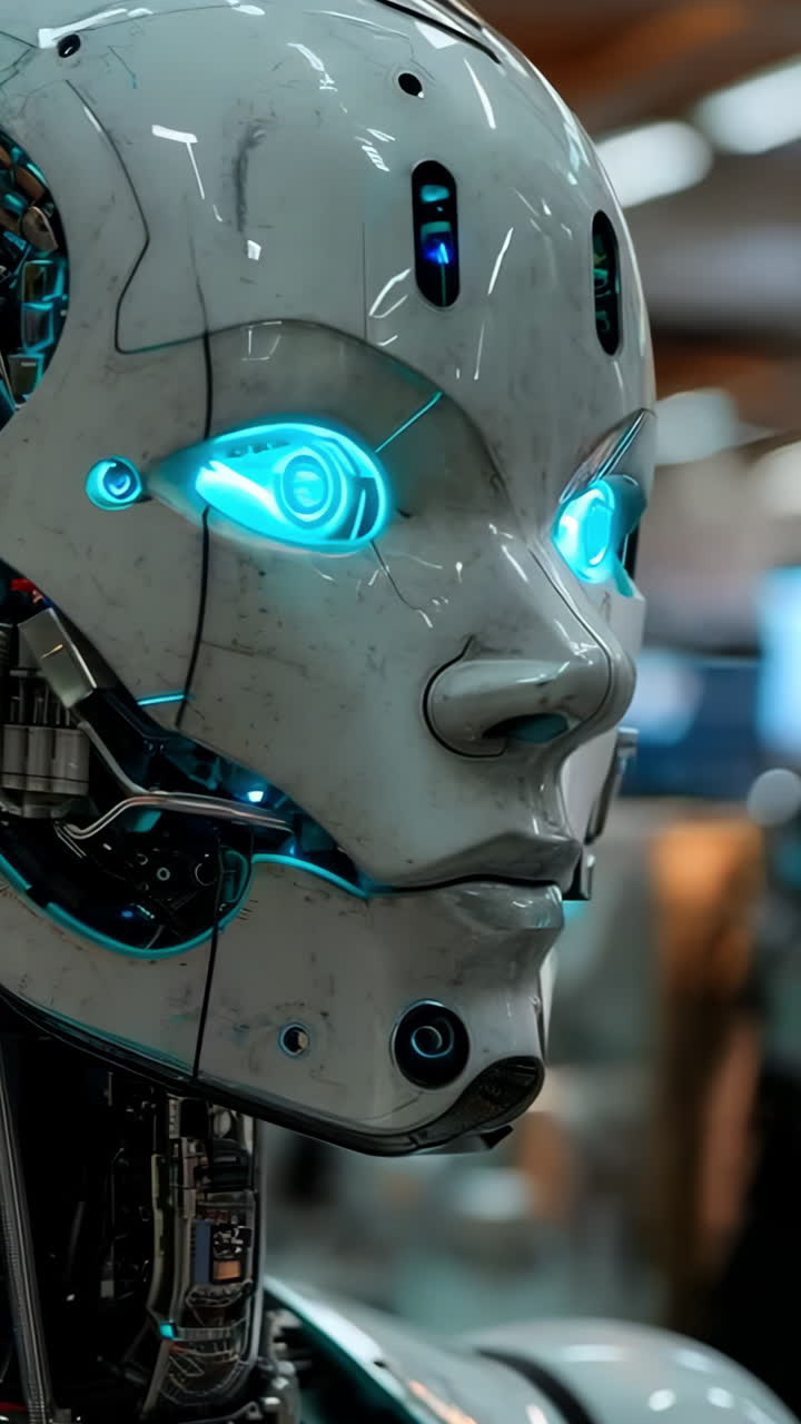 A robot with blue eyes and a green head stands in front of a crowd of people. The robot is wearing headphones and he is listening to something Vertical video