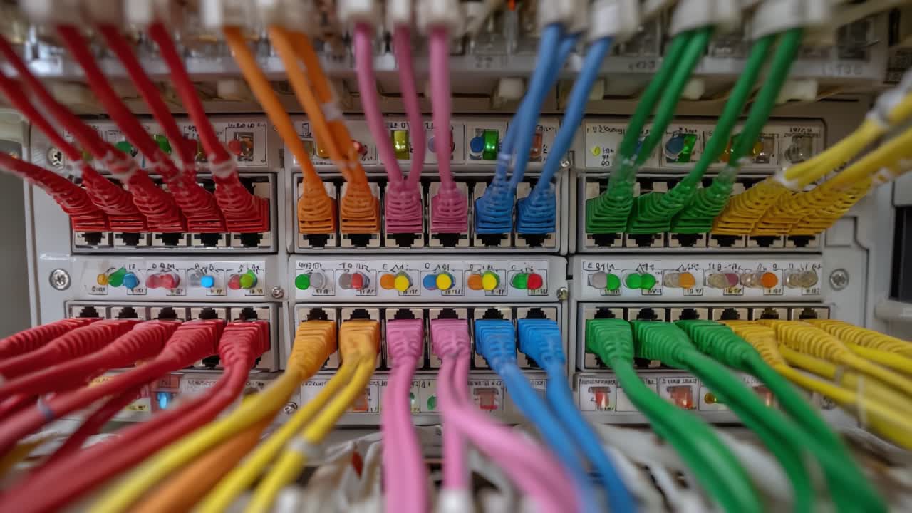 Network Connectivity: Close-Up of Ethernet Cables Connected to a Patch Panel, Showcasing the Vibrant Colors of the Cables in a Structured Arrangement