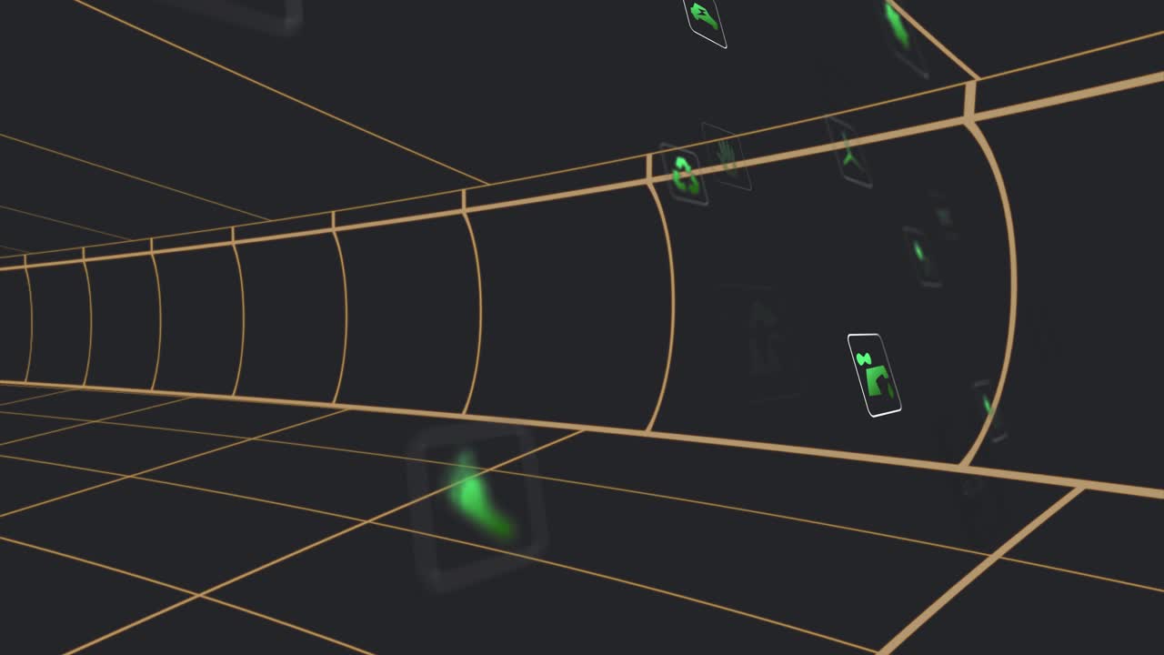 Green energy icons materializing at entrance then sliding through grid corridor showing energy flow