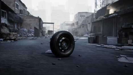 neumático abandonado en una ciudad post-apocalíptica