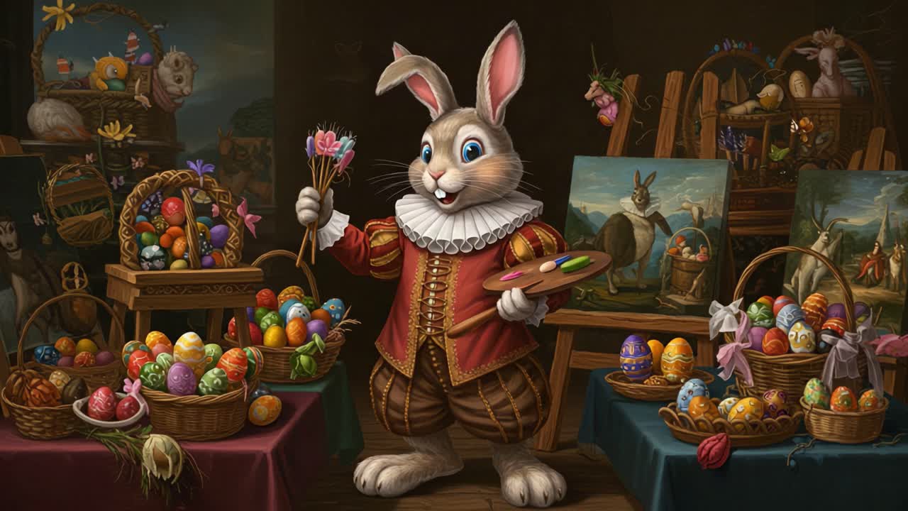 Charming Easter Bunny Artist Delights in Festive Creations Surrounded by Colorful Eggs and Artistic Paintings in a Whimsical Display
