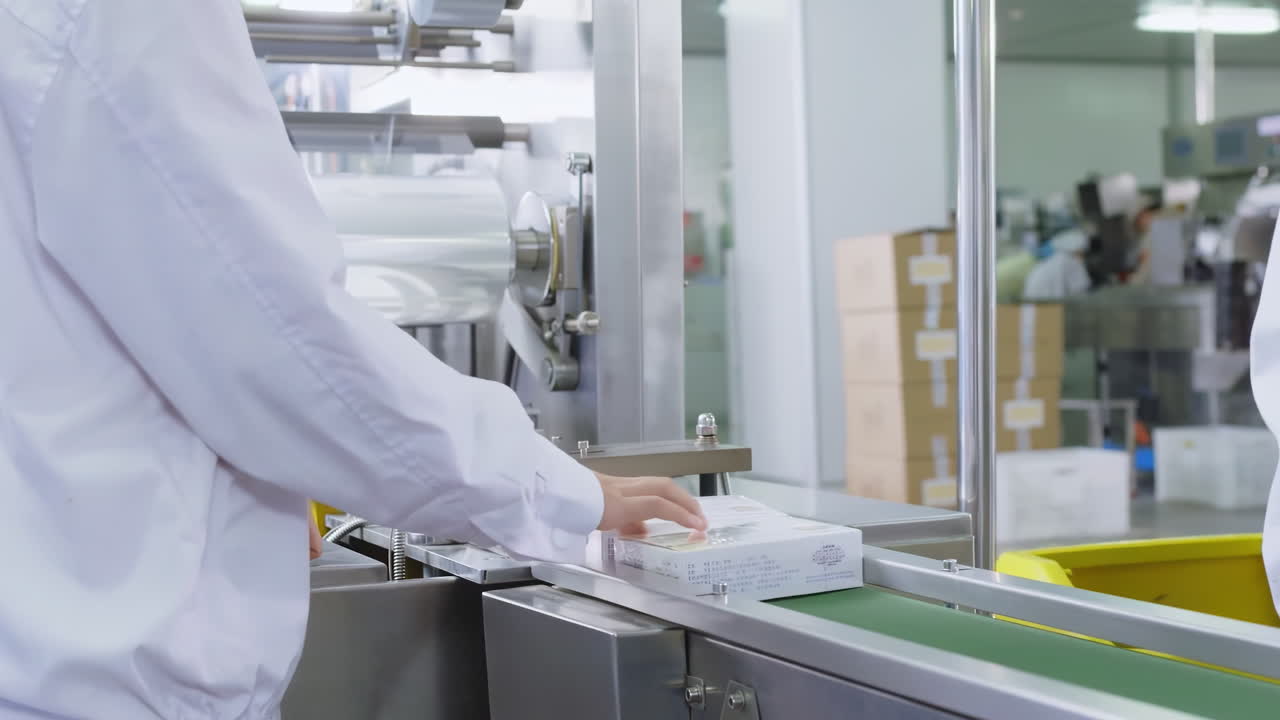 Prescription labels being printed in a modern pharmacy during Automated biopharmaceutical manufacturing packaging line for pharmaceutical products in a factory setting Factory healthcare products