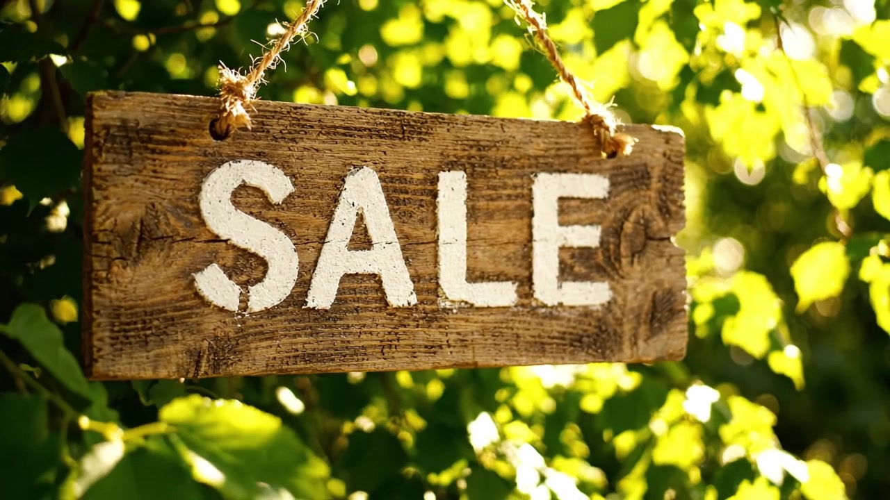 Un cartello di legno rustico annuncia una vendita tra una vegetazione lussureggiante, catturando l'essenza delle offerte stagionali e della bellezza naturale in un vivace ambiente esterno.